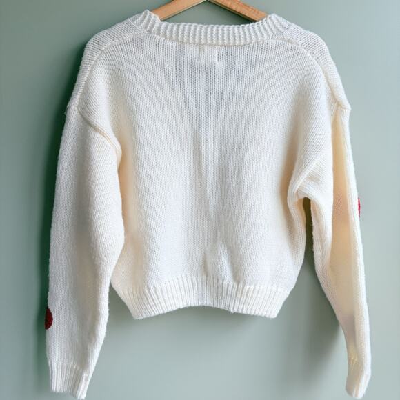 Chunky Knit Textured Heart Cardigan Sweater Button Front V-neck Cream Red S NWT - Picture 6 of 7